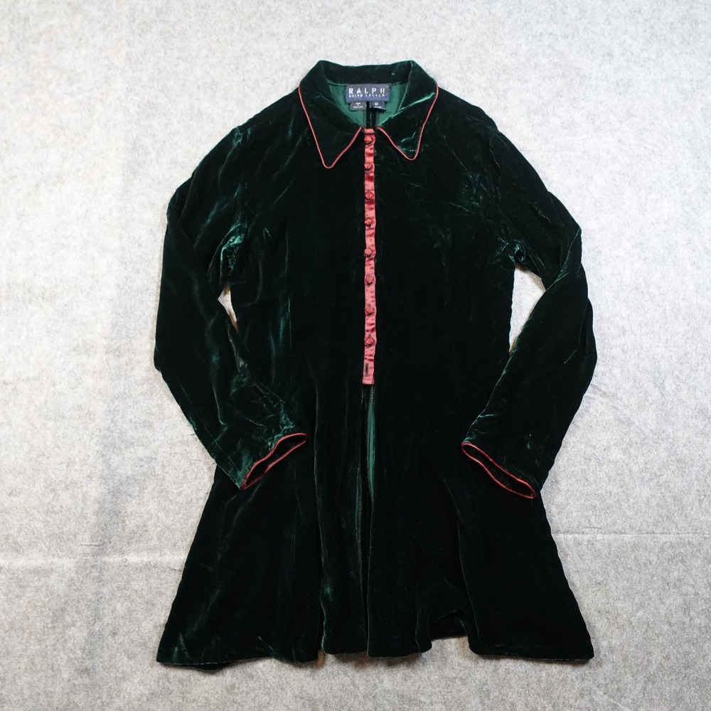 VTG Ralph Lauren Dress Girls‎ 12 Velvet Dark Green Red Trim Long Sleeve Holiday